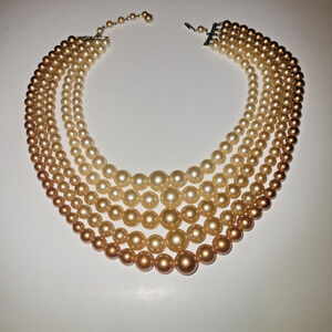 Vintage 1950s 5-Strand Faux Pearl Necklace MCM Bib Statement Choker Gala Wedding